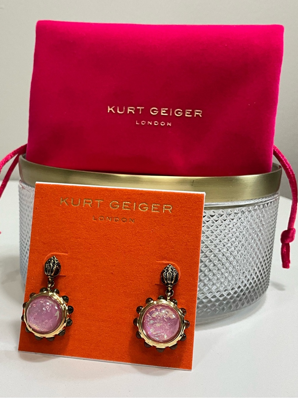 KURT GEIGER London Regency Pink Crystal Drop Earrings Eagle Head NWT Gold